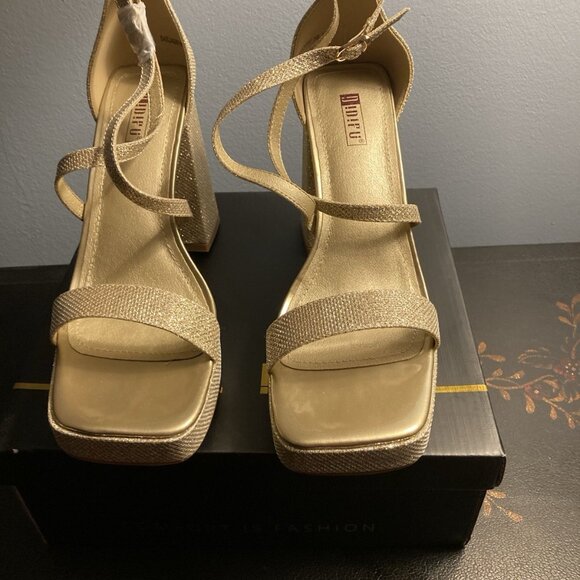 IDIFU Women's Gold Glitter Platform High Chunky Heels Open Toe Sandal - Picture 4 of 8